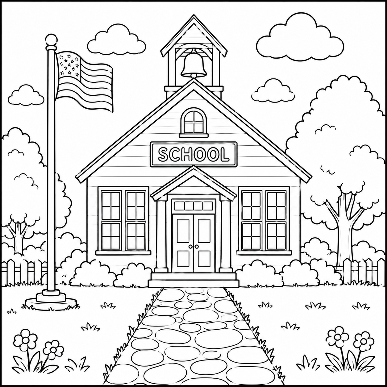 The Schoolhouse coloring page with pointed roof, bell tower, flagpole, and grassy lawn